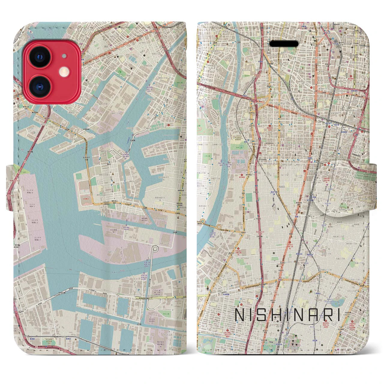 【西成(大阪府)】地図柄iPhoneケース(手帳タイプ)ナチュラル・iPhone 11 用