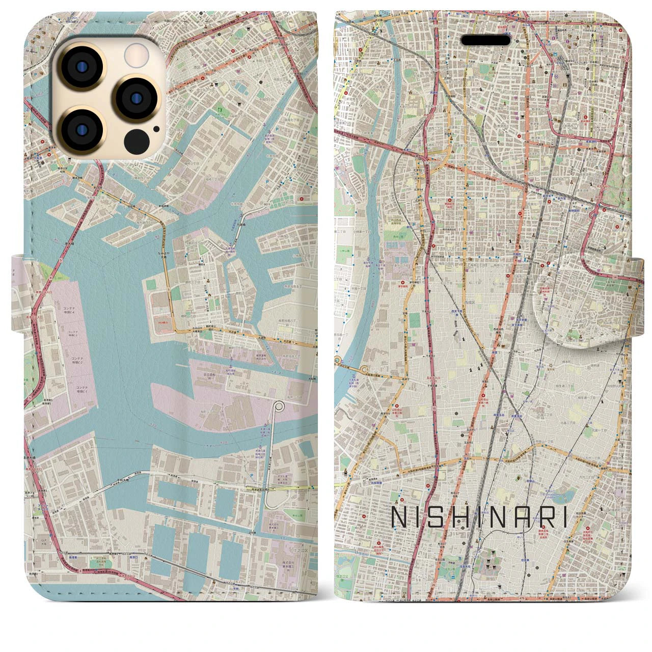 【西成(大阪府)】地図柄iPhoneケース(手帳タイプ)ナチュラル・iPhone 12 Pro Max 用