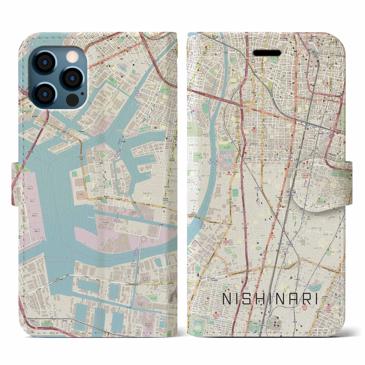 【西成(大阪府)】地図柄iPhoneケース(手帳タイプ)ナチュラル・iPhone 12 / 12 Pro 用