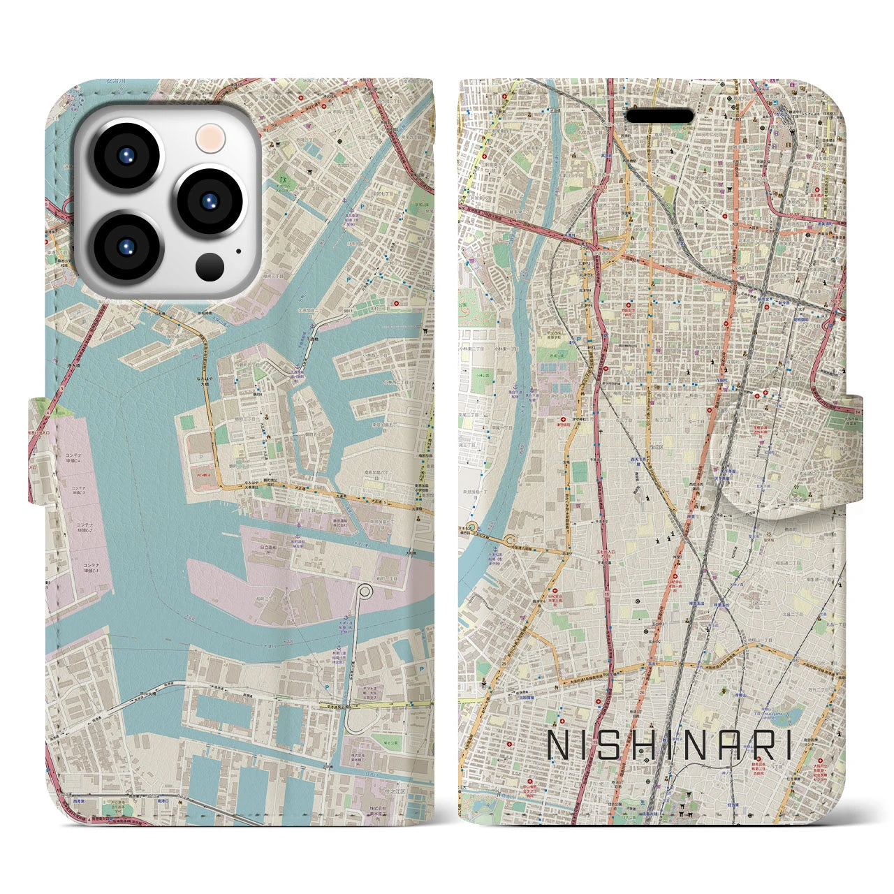 【西成(大阪府)】地図柄iPhoneケース(手帳タイプ)ナチュラル・iPhone 13 Pro 用