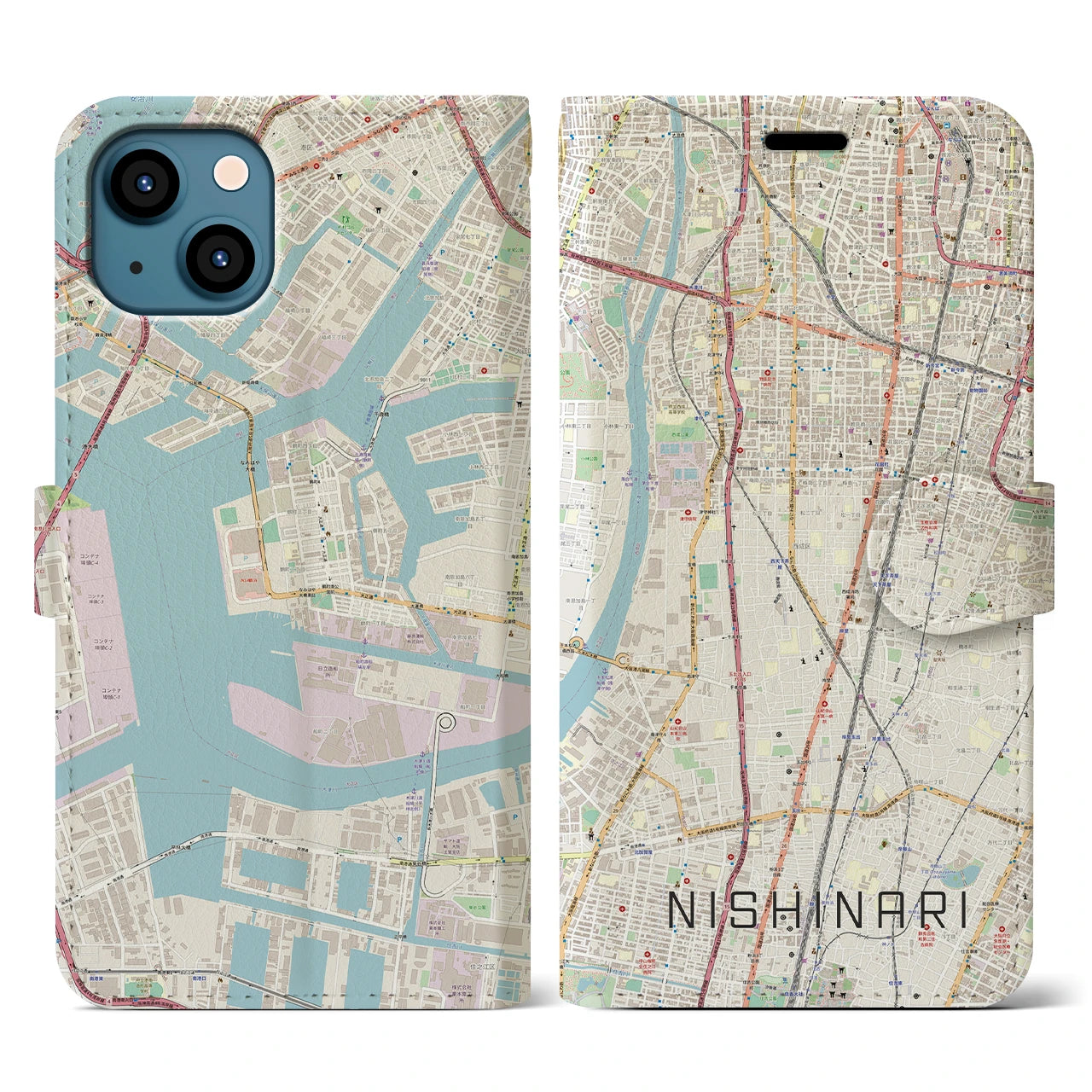 【西成(大阪府)】地図柄iPhoneケース(手帳タイプ)ナチュラル・iPhone 13 用