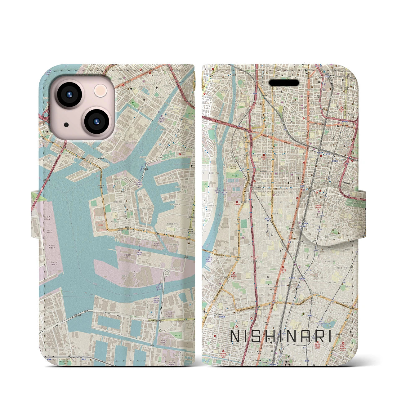 【西成(大阪府)】地図柄iPhoneケース(手帳タイプ)ナチュラル・iPhone 13 mini 用