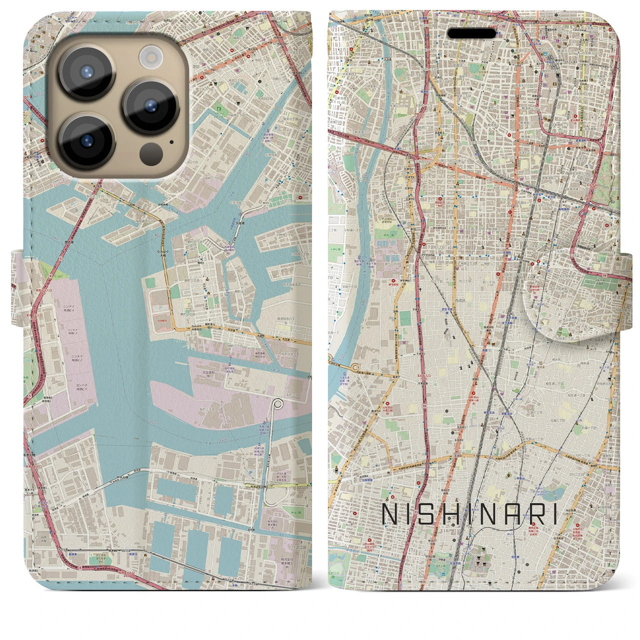 【西成(大阪府)】地図柄iPhoneケース(手帳タイプ)ナチュラル・iPhone 14 Pro Max 用