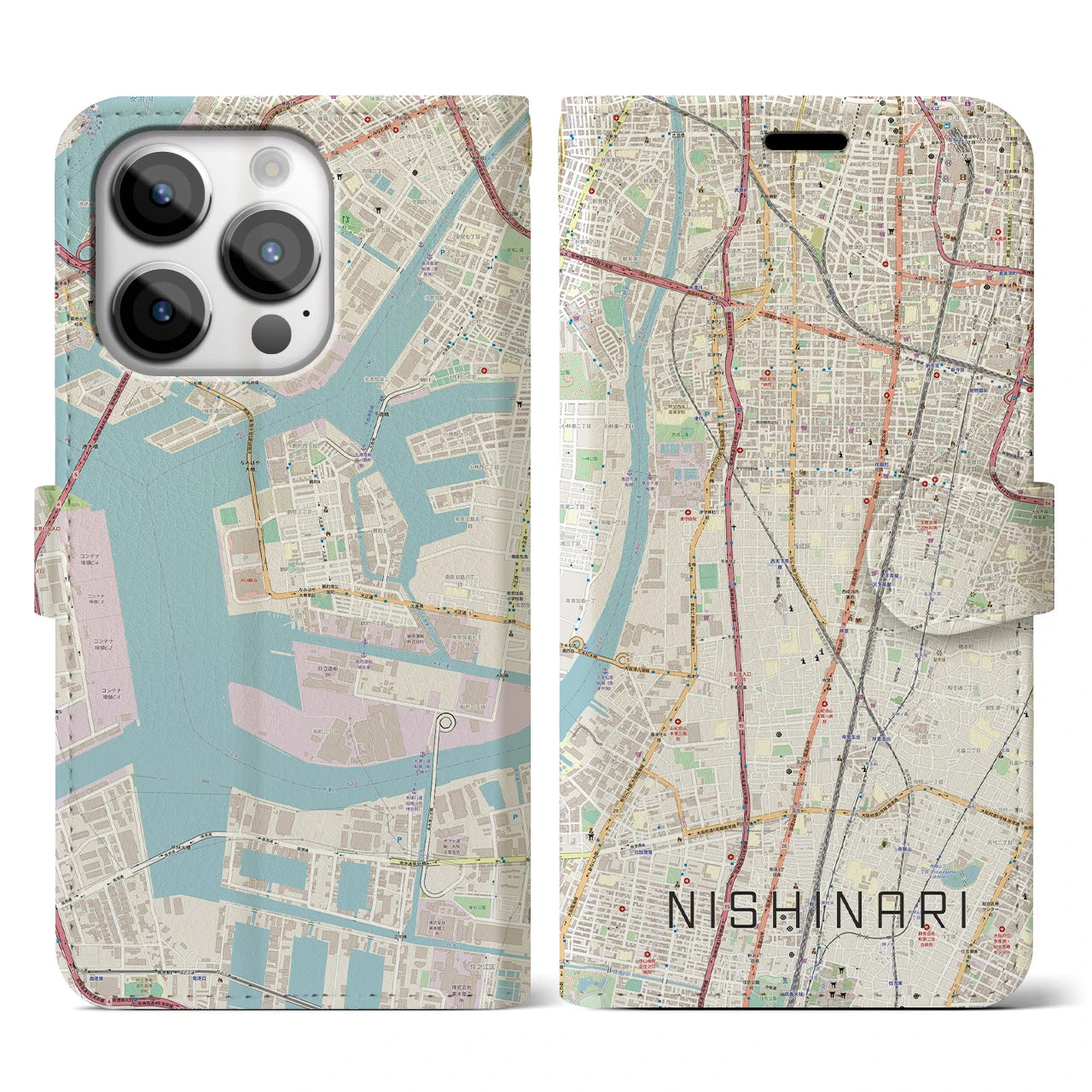 【西成(大阪府)】地図柄iPhoneケース(手帳タイプ)ナチュラル・iPhone 14 Pro 用