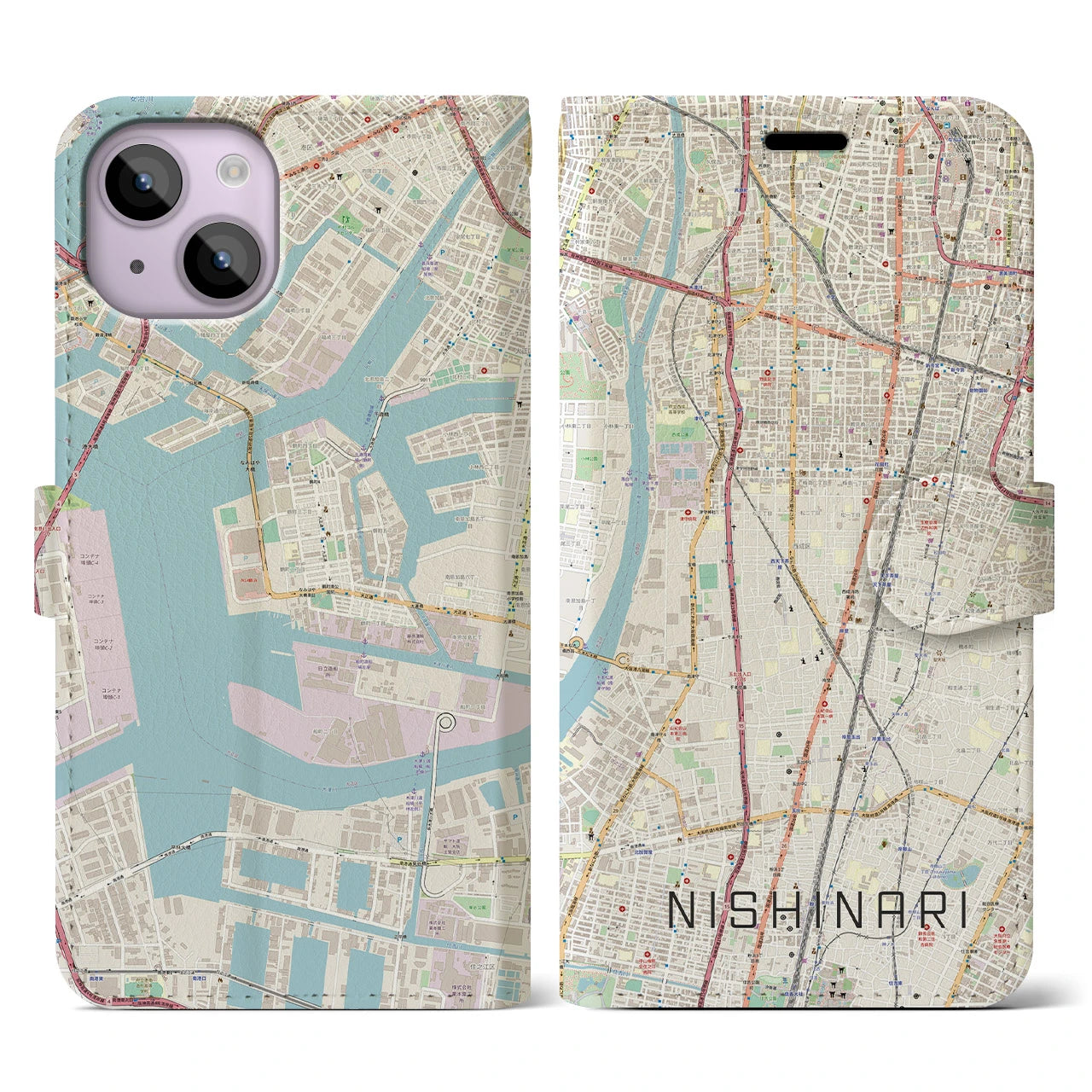 【西成(大阪府)】地図柄iPhoneケース(手帳タイプ)ナチュラル・iPhone 14 用