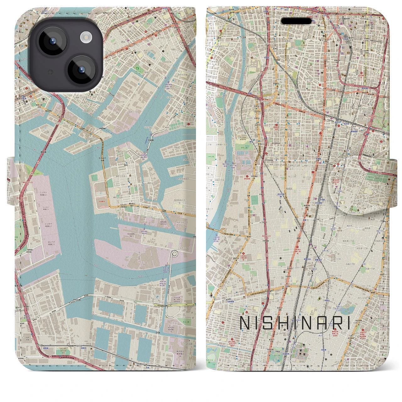 【西成(大阪府)】地図柄iPhoneケース(手帳タイプ)ナチュラル・iPhone 14 Plus 用