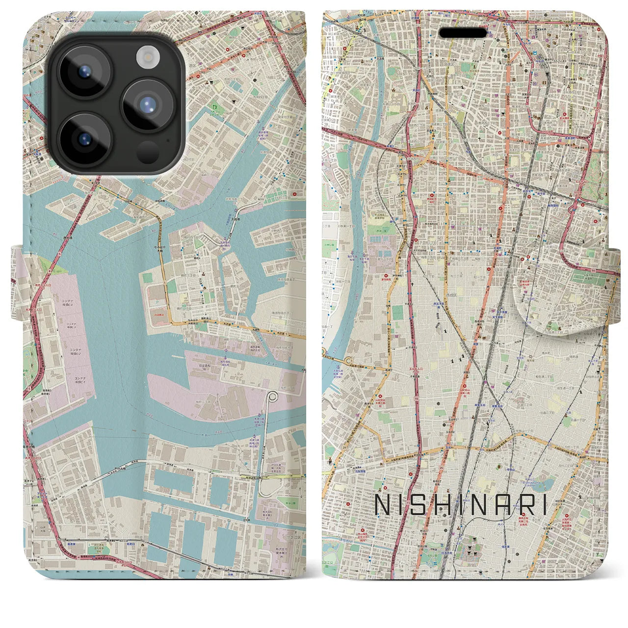 【西成(大阪府)】地図柄iPhoneケース(手帳タイプ)ナチュラル・iPhone 15 Pro Max 用