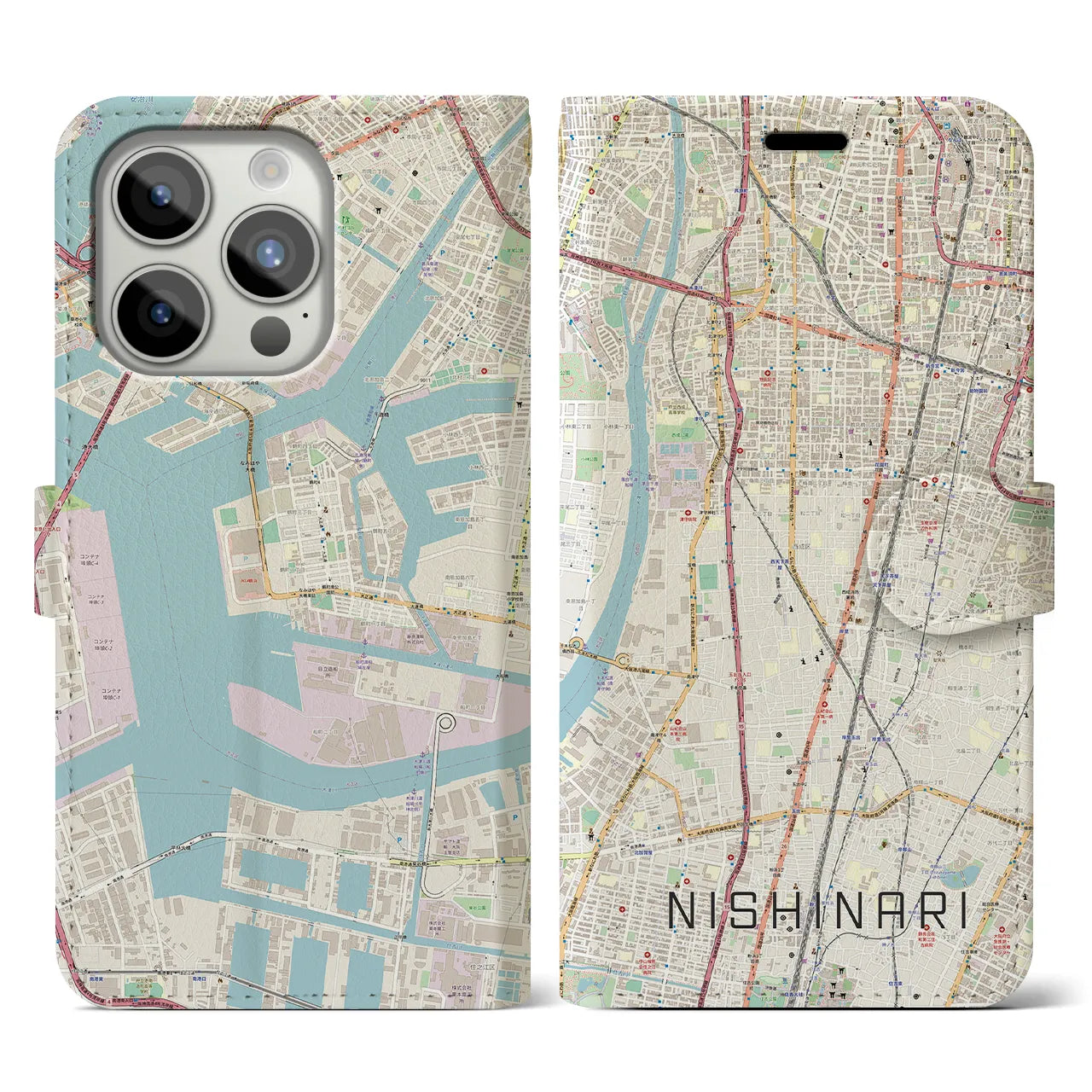 【西成(大阪府)】地図柄iPhoneケース(手帳タイプ)ナチュラル・iPhone 15 Pro 用