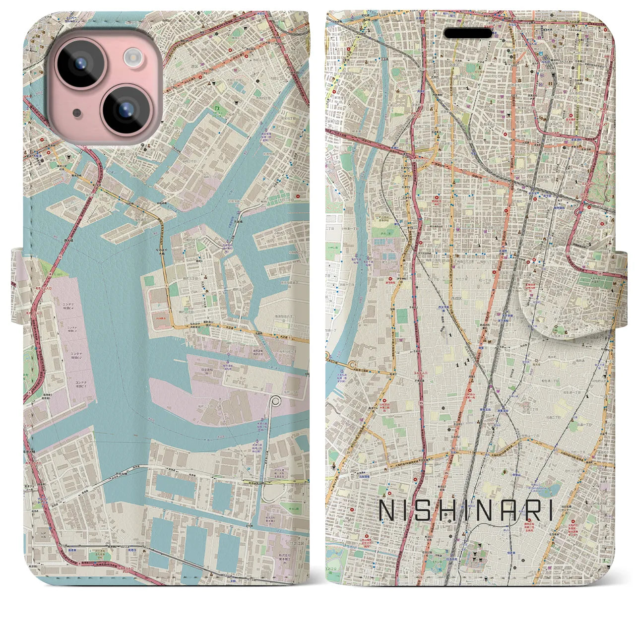【西成(大阪府)】地図柄iPhoneケース(手帳タイプ)ナチュラル・iPhone 15 Plus 用
