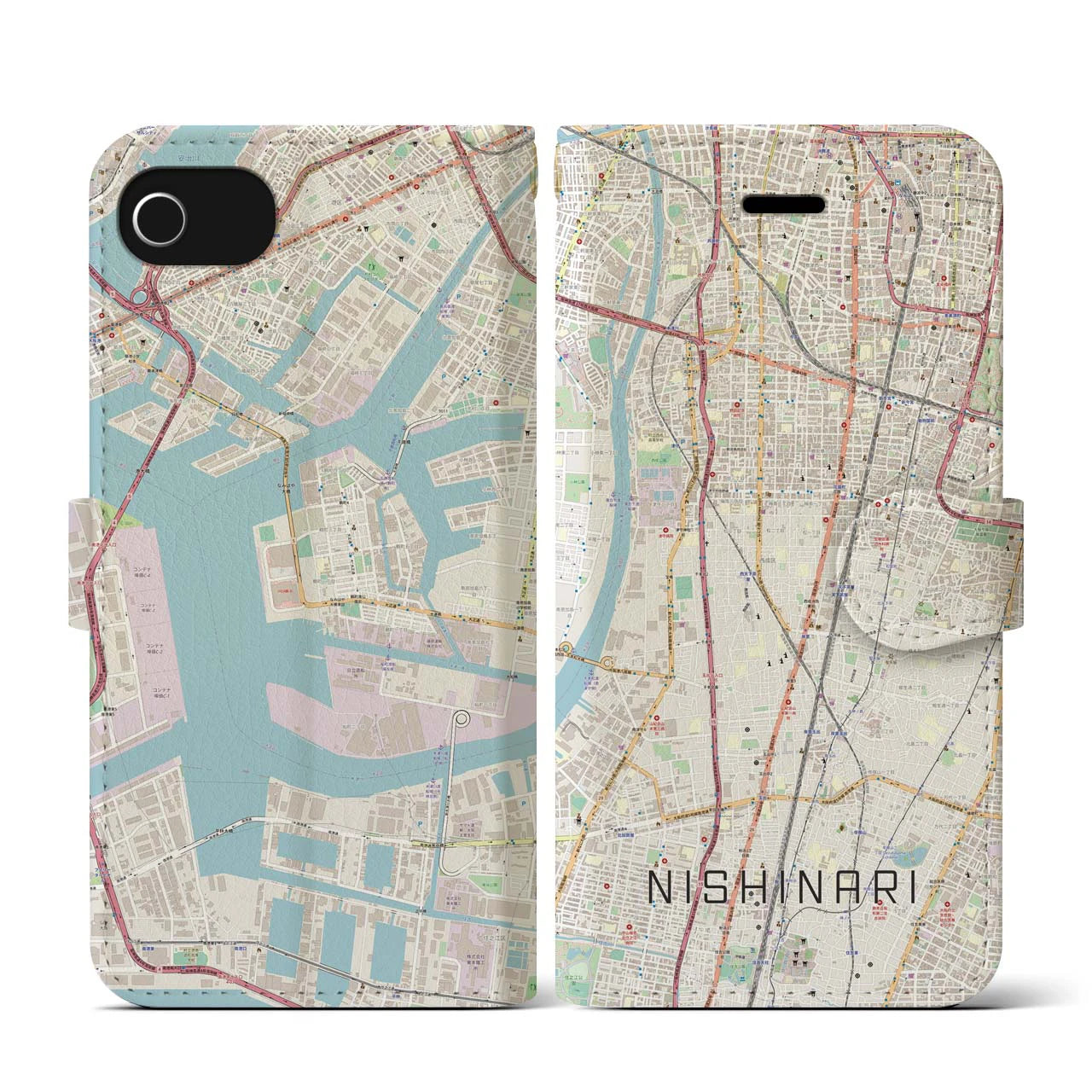【西成(大阪府)】地図柄iPhoneケース(手帳タイプ)ナチュラル・iPhone SE(第3 / 第2世代) / 8 / 7 / 6s / 6 用