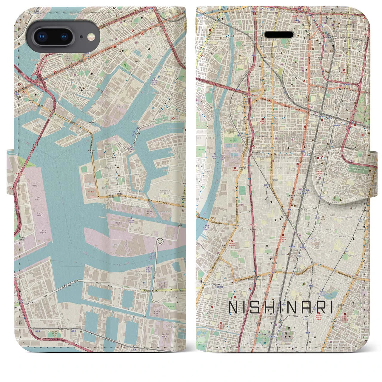 【西成(大阪府)】地図柄iPhoneケース(手帳タイプ)ナチュラル・iPhone 8Plus /7Plus / 6sPlus / 6Plus 用