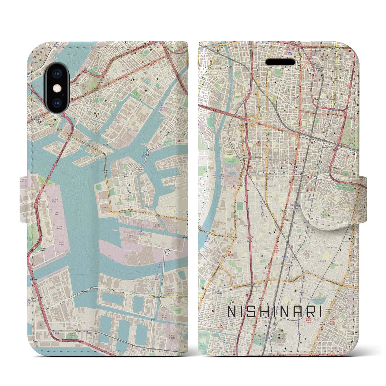 【西成(大阪府)】地図柄iPhoneケース(手帳タイプ)ナチュラル・iPhone XS / X 用