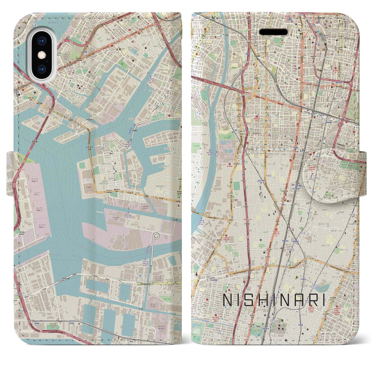 【西成(大阪府)】地図柄iPhoneケース(手帳タイプ)ナチュラル・iPhone XS Max 用