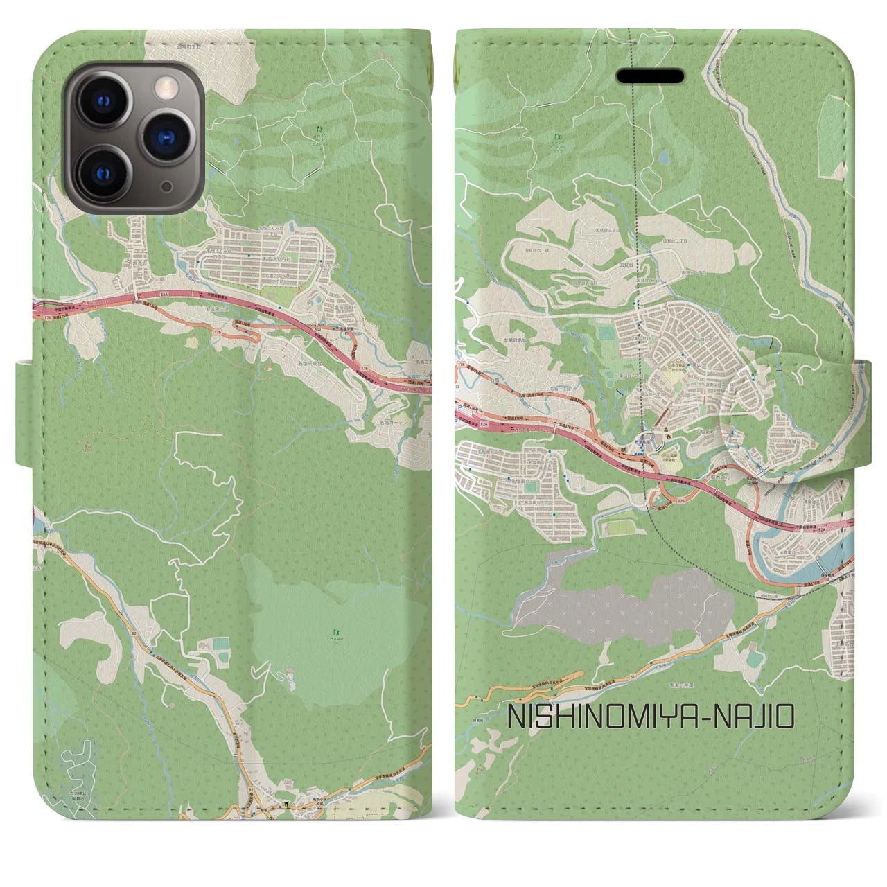 【西宮名塩(兵庫県)】地図柄iPhoneケース(手帳タイプ)ナチュラル・iPhone 11 Pro Max 用