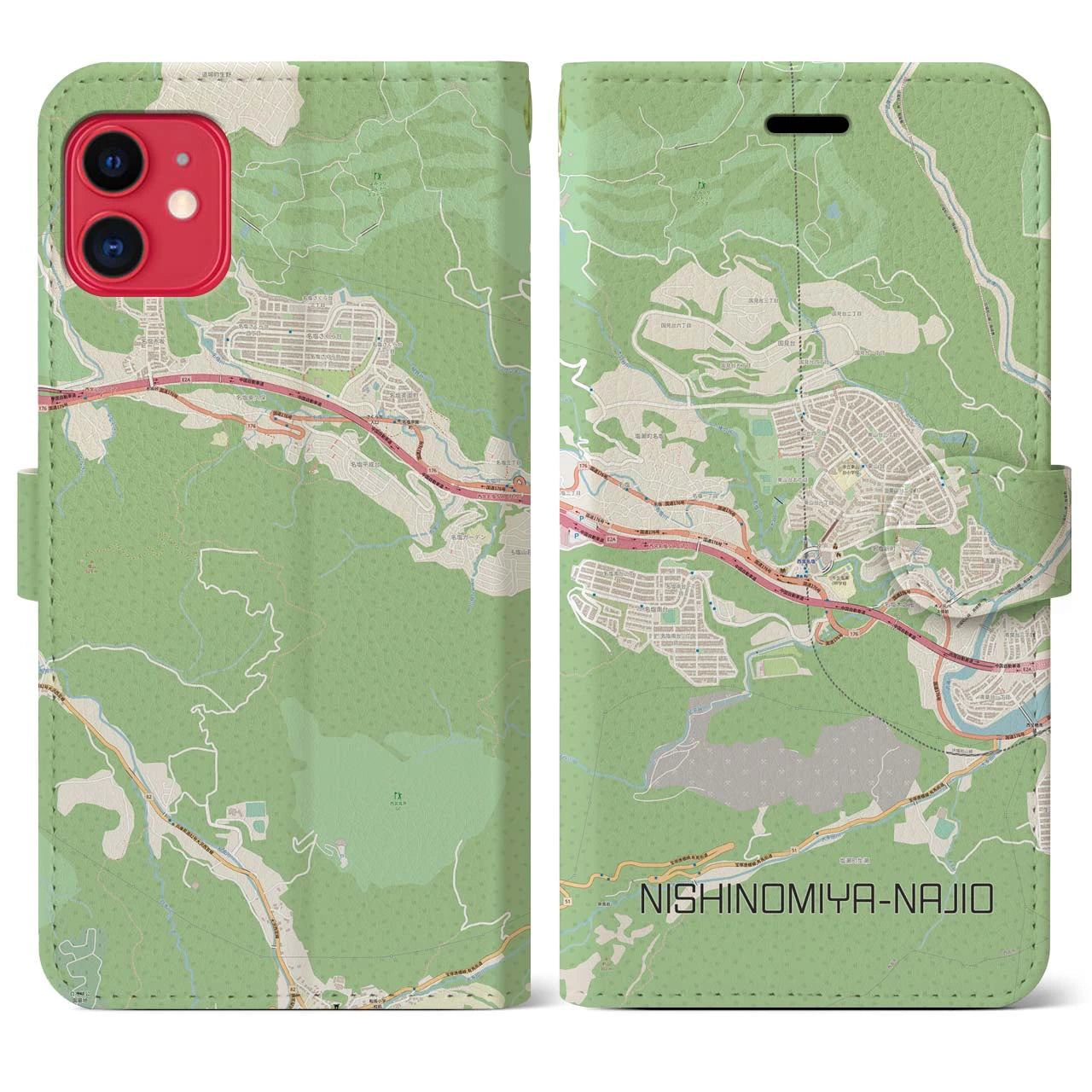 【西宮名塩(兵庫県)】地図柄iPhoneケース(手帳タイプ)ナチュラル・iPhone 11 用