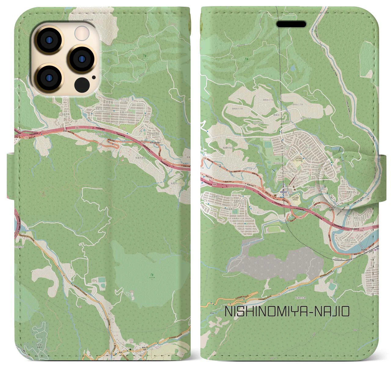 【西宮名塩(兵庫県)】地図柄iPhoneケース(手帳タイプ)ナチュラル・iPhone 12 Pro Max 用