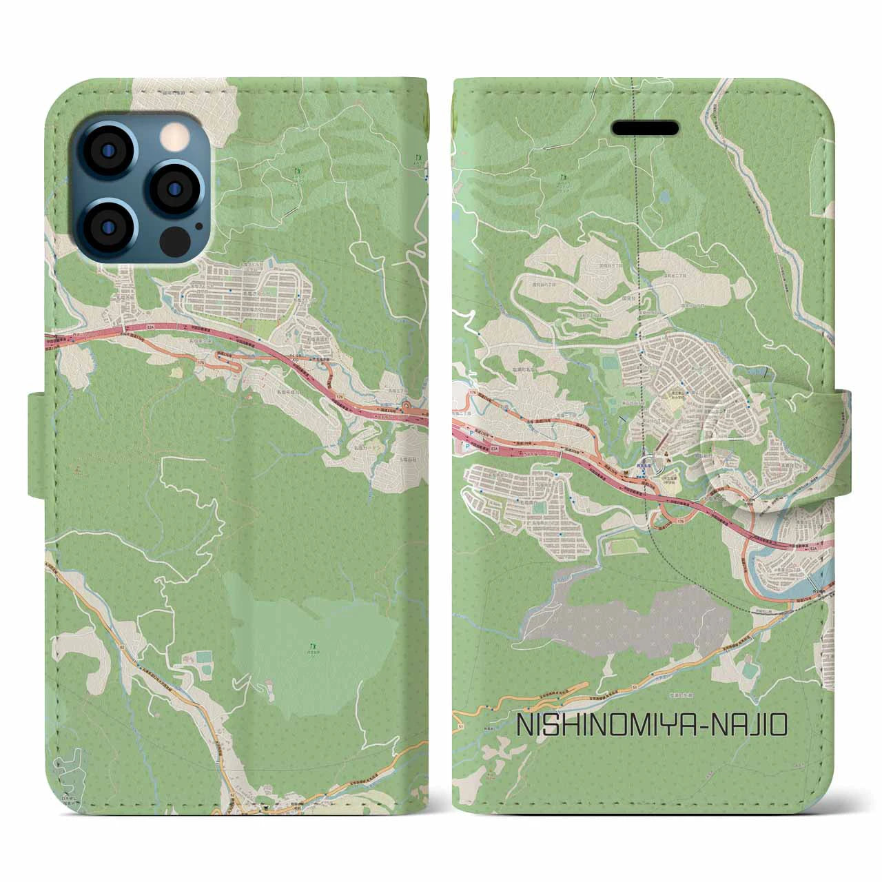 【西宮名塩(兵庫県)】地図柄iPhoneケース(手帳タイプ)ナチュラル・iPhone 12 / 12 Pro 用