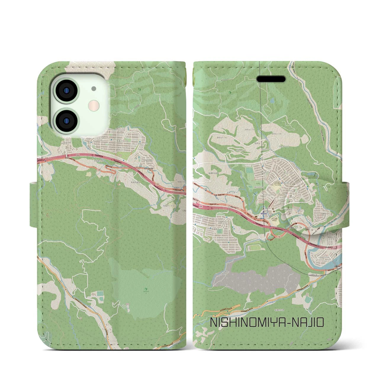 【西宮名塩(兵庫県)】地図柄iPhoneケース(手帳タイプ)ナチュラル・iPhone 12 mini 用