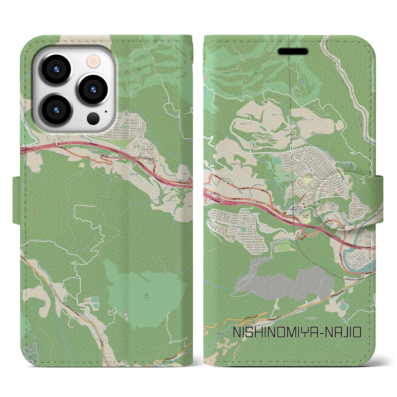 【西宮名塩(兵庫県)】地図柄iPhoneケース(手帳タイプ)ナチュラル・iPhone 13 Pro 用