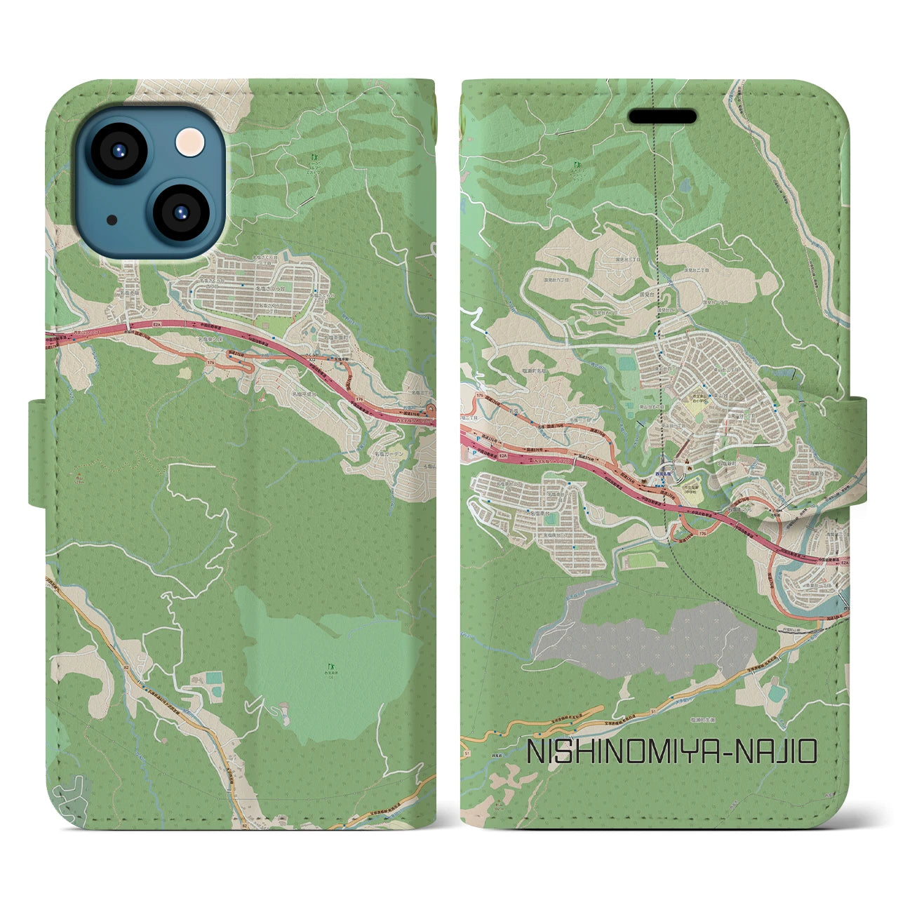【西宮名塩(兵庫県)】地図柄iPhoneケース(手帳タイプ)ナチュラル・iPhone 13 用