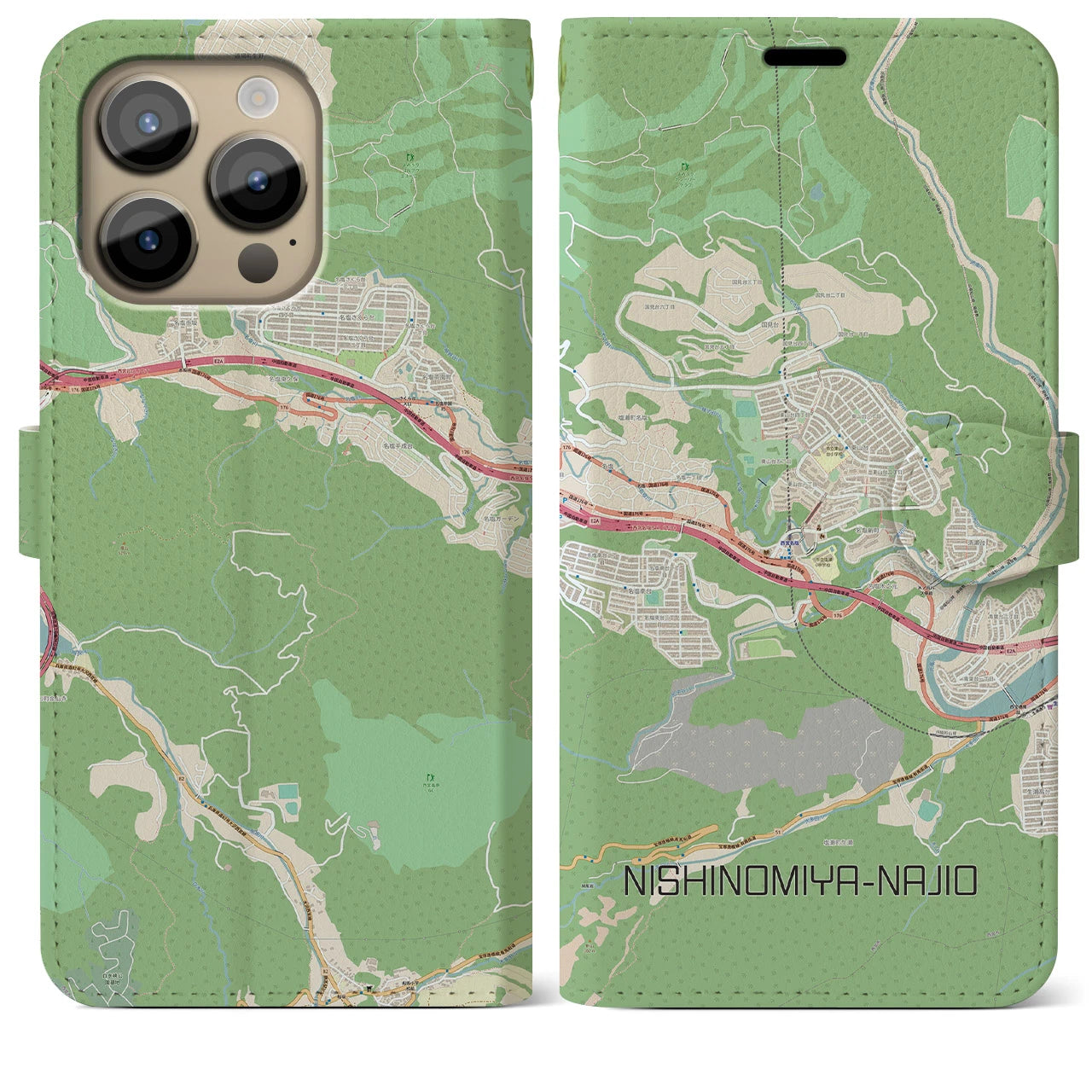 【西宮名塩(兵庫県)】地図柄iPhoneケース(手帳タイプ)ナチュラル・iPhone 14 Pro Max 用