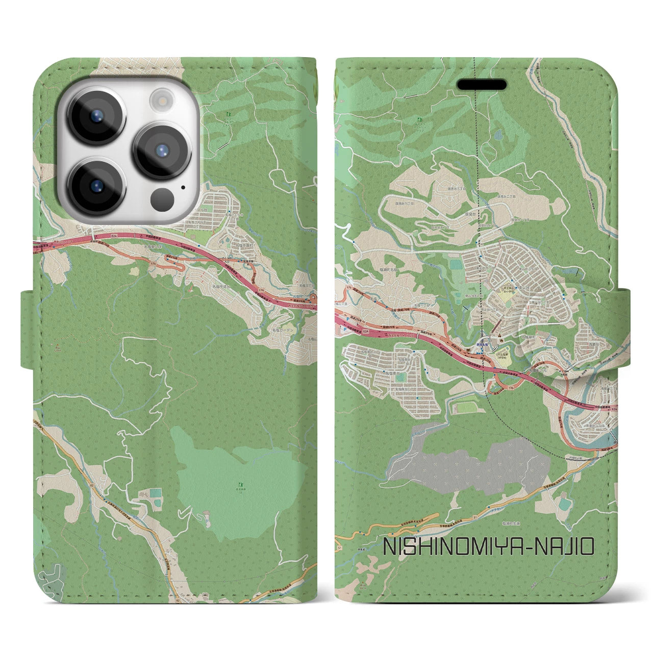 【西宮名塩(兵庫県)】地図柄iPhoneケース(手帳タイプ)ナチュラル・iPhone 14 Pro 用