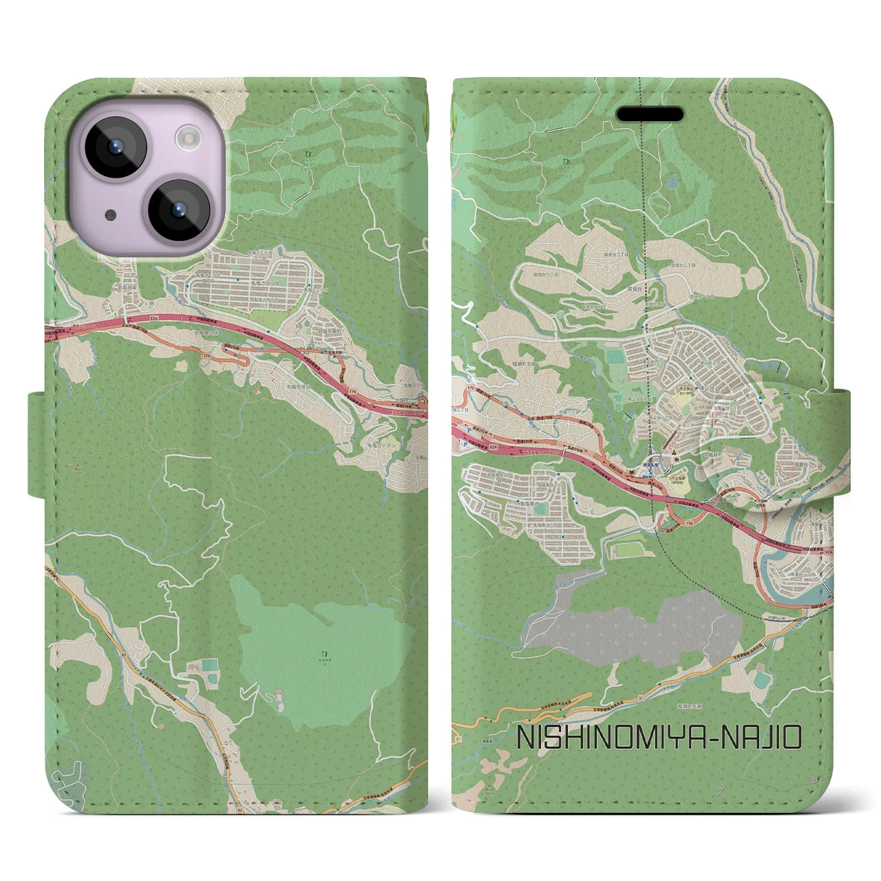 【西宮名塩(兵庫県)】地図柄iPhoneケース(手帳タイプ)ナチュラル・iPhone 14 用