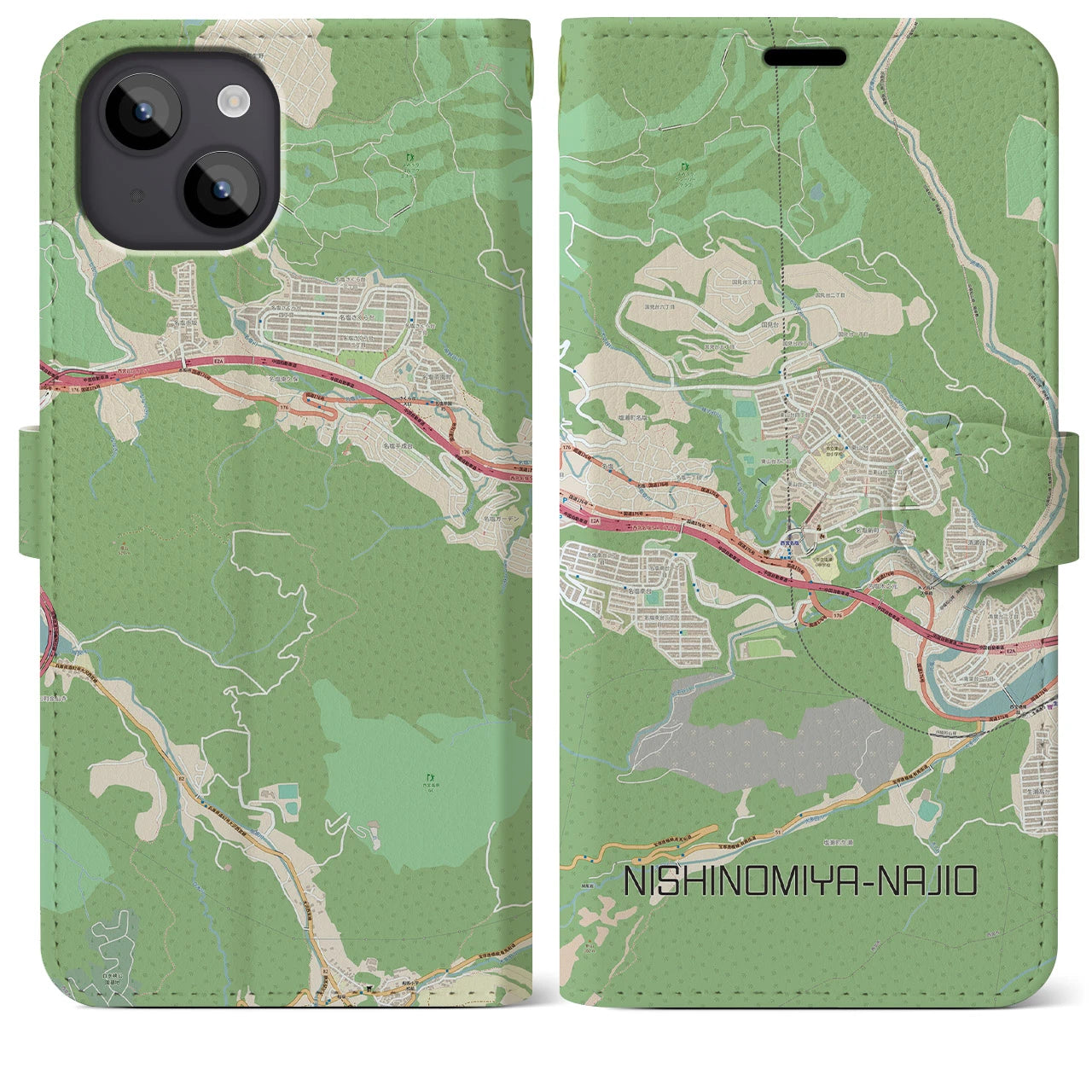 【西宮名塩(兵庫県)】地図柄iPhoneケース(手帳タイプ)ナチュラル・iPhone 14 Plus 用