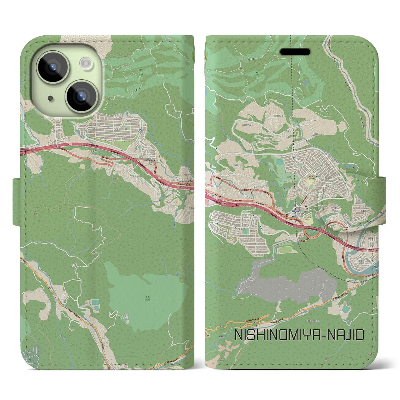 【西宮名塩(兵庫県)】地図柄iPhoneケース(手帳タイプ)ナチュラル・iPhone 15 用