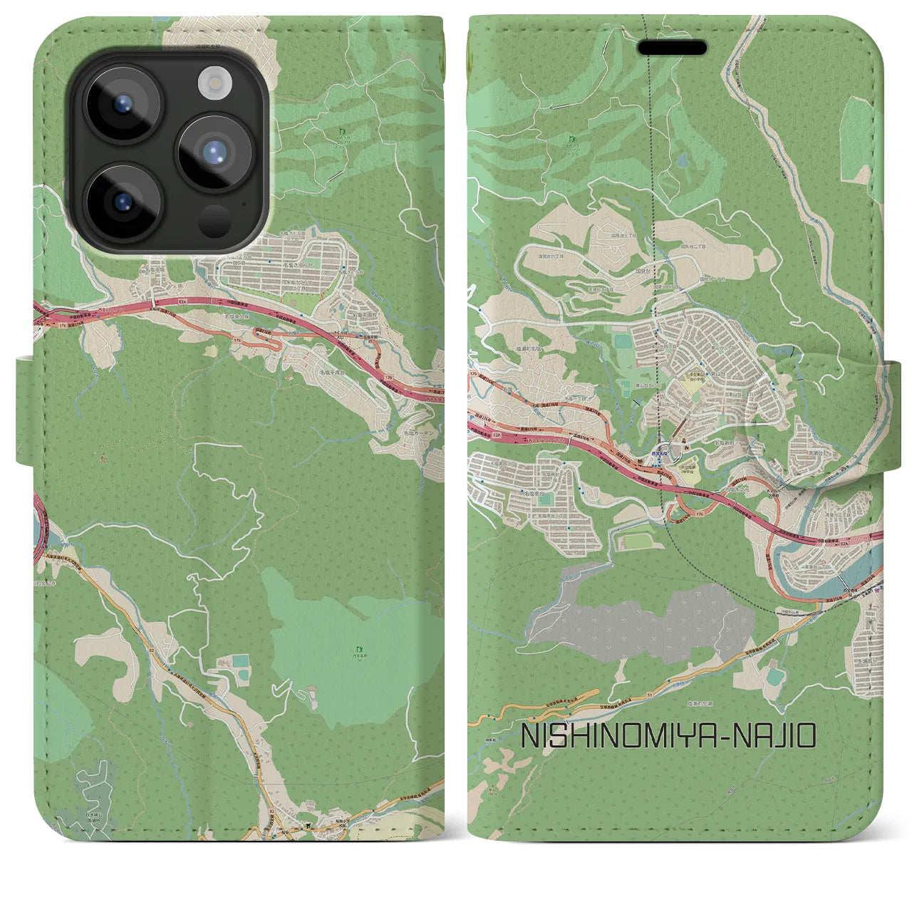 【西宮名塩(兵庫県)】地図柄iPhoneケース(手帳タイプ)ナチュラル・iPhone 15 Pro Max 用