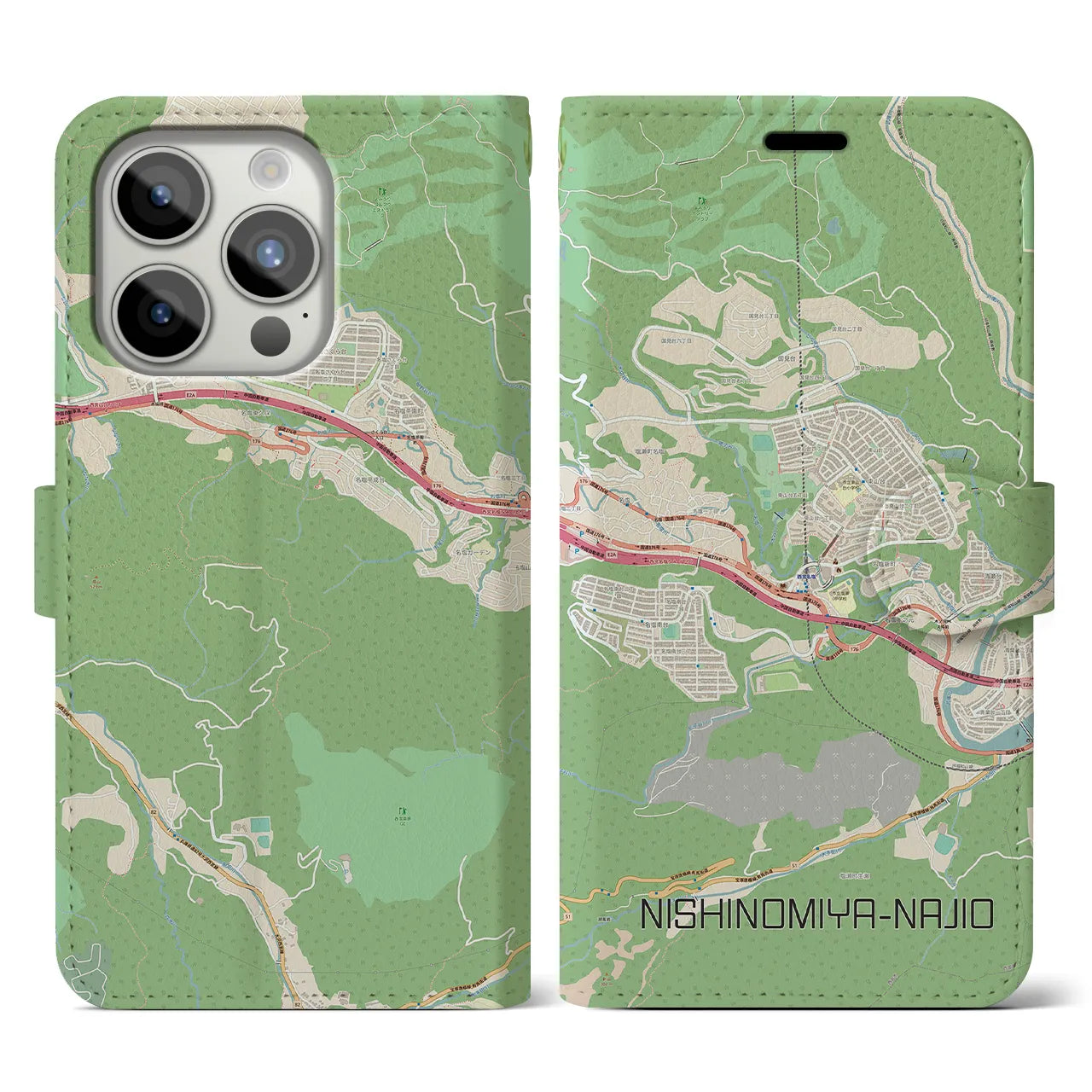 【西宮名塩(兵庫県)】地図柄iPhoneケース(手帳タイプ)ナチュラル・iPhone 15 Pro 用