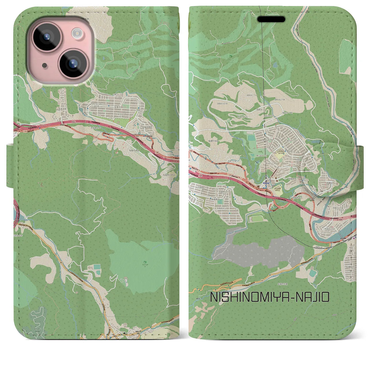 【西宮名塩(兵庫県)】地図柄iPhoneケース(手帳タイプ)ナチュラル・iPhone 15 Plus 用