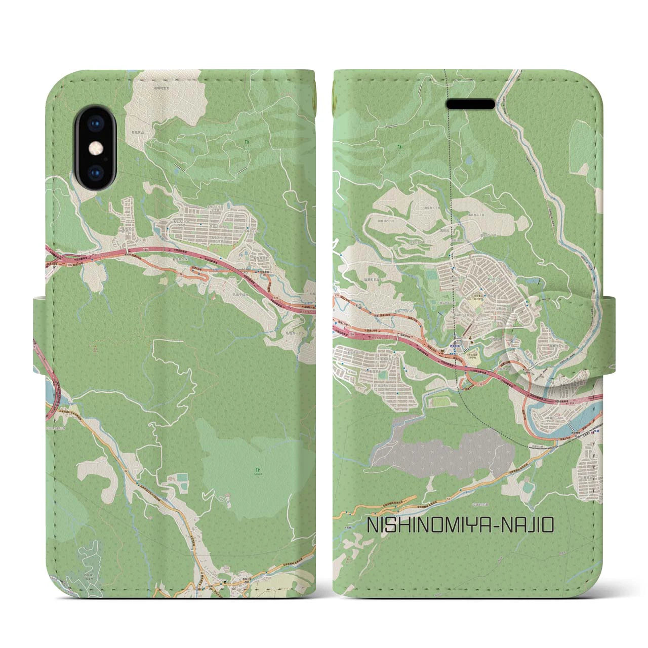 【西宮名塩(兵庫県)】地図柄iPhoneケース(手帳タイプ)ナチュラル・iPhone XS / X 用
