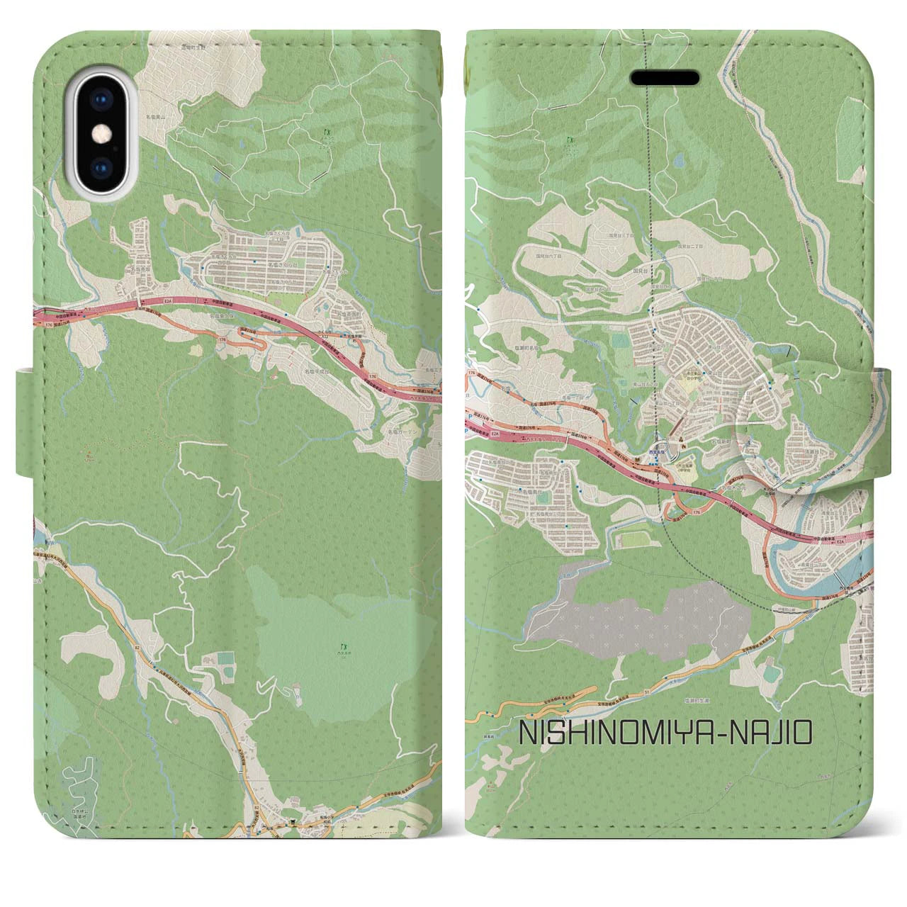 【西宮名塩(兵庫県)】地図柄iPhoneケース(手帳タイプ)ナチュラル・iPhone XS Max 用