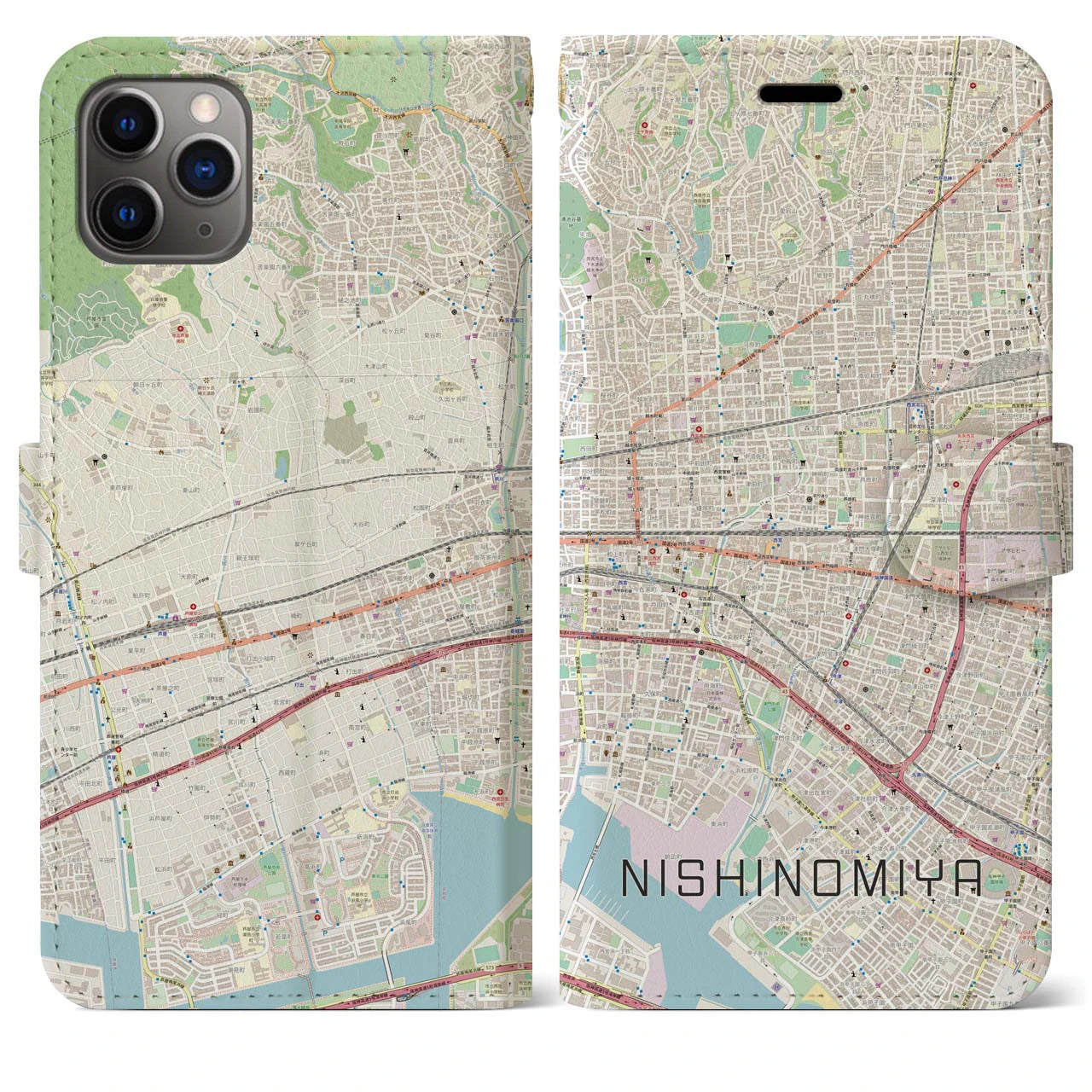 【西宮(兵庫県)】地図柄iPhoneケース(手帳タイプ)ナチュラル・iPhone 11 Pro Max 用