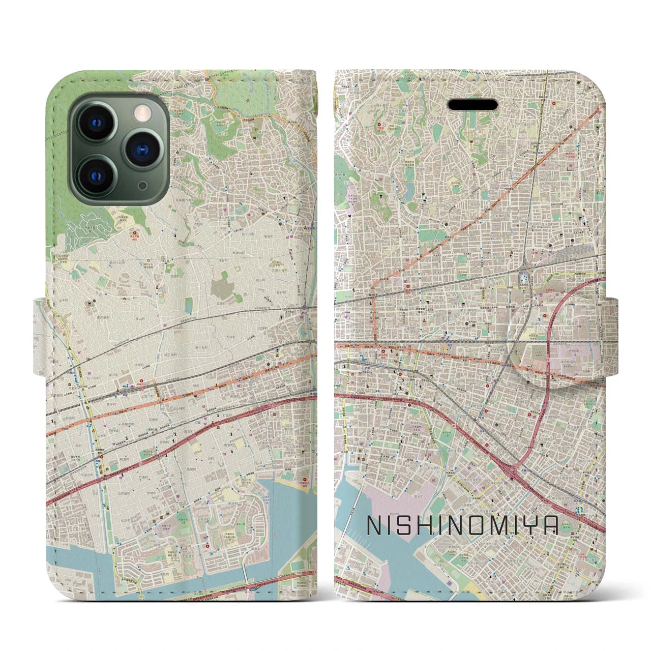【西宮(兵庫県)】地図柄iPhoneケース(手帳タイプ)ナチュラル・iPhone 11 Pro 用