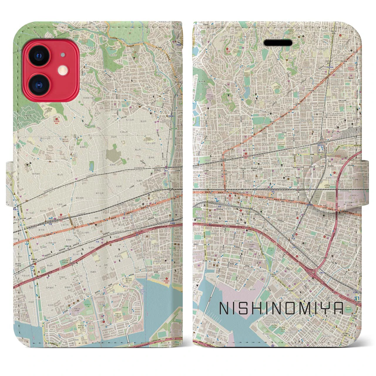 【西宮(兵庫県)】地図柄iPhoneケース(手帳タイプ)ナチュラル・iPhone 11 用