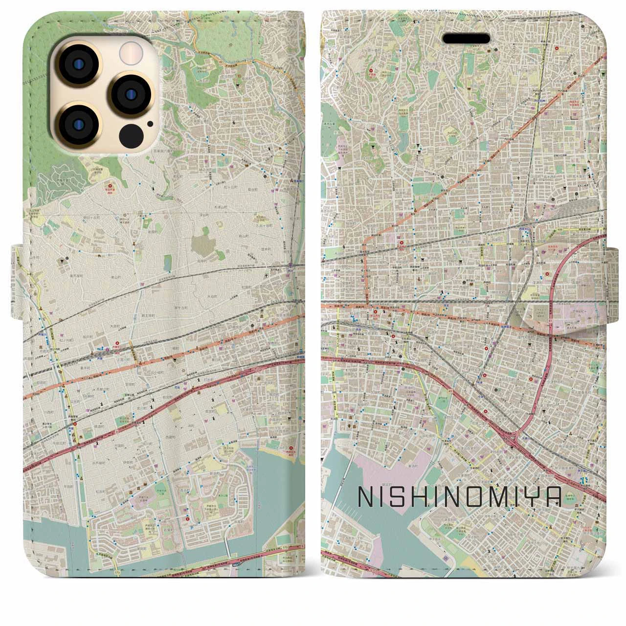 【西宮(兵庫県)】地図柄iPhoneケース(手帳タイプ)ナチュラル・iPhone 12 Pro Max 用