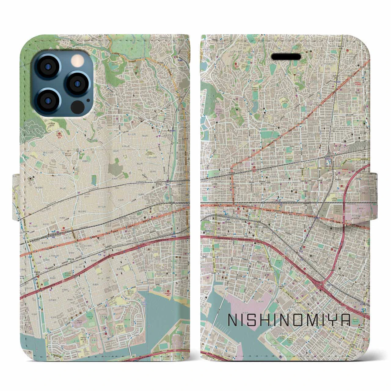 【西宮(兵庫県)】地図柄iPhoneケース(手帳タイプ)ナチュラル・iPhone 12 / 12 Pro 用