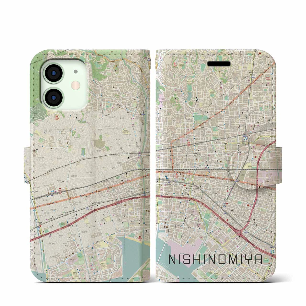 【西宮(兵庫県)】地図柄iPhoneケース(手帳タイプ)ナチュラル・iPhone 12 mini 用