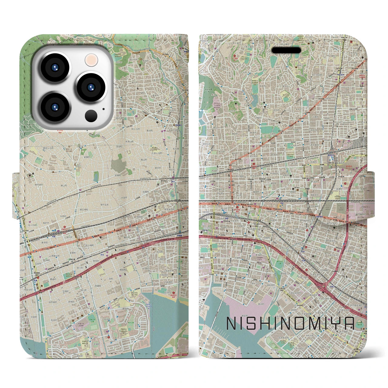 【西宮(兵庫県)】地図柄iPhoneケース(手帳タイプ)ナチュラル・iPhone 13 Pro 用