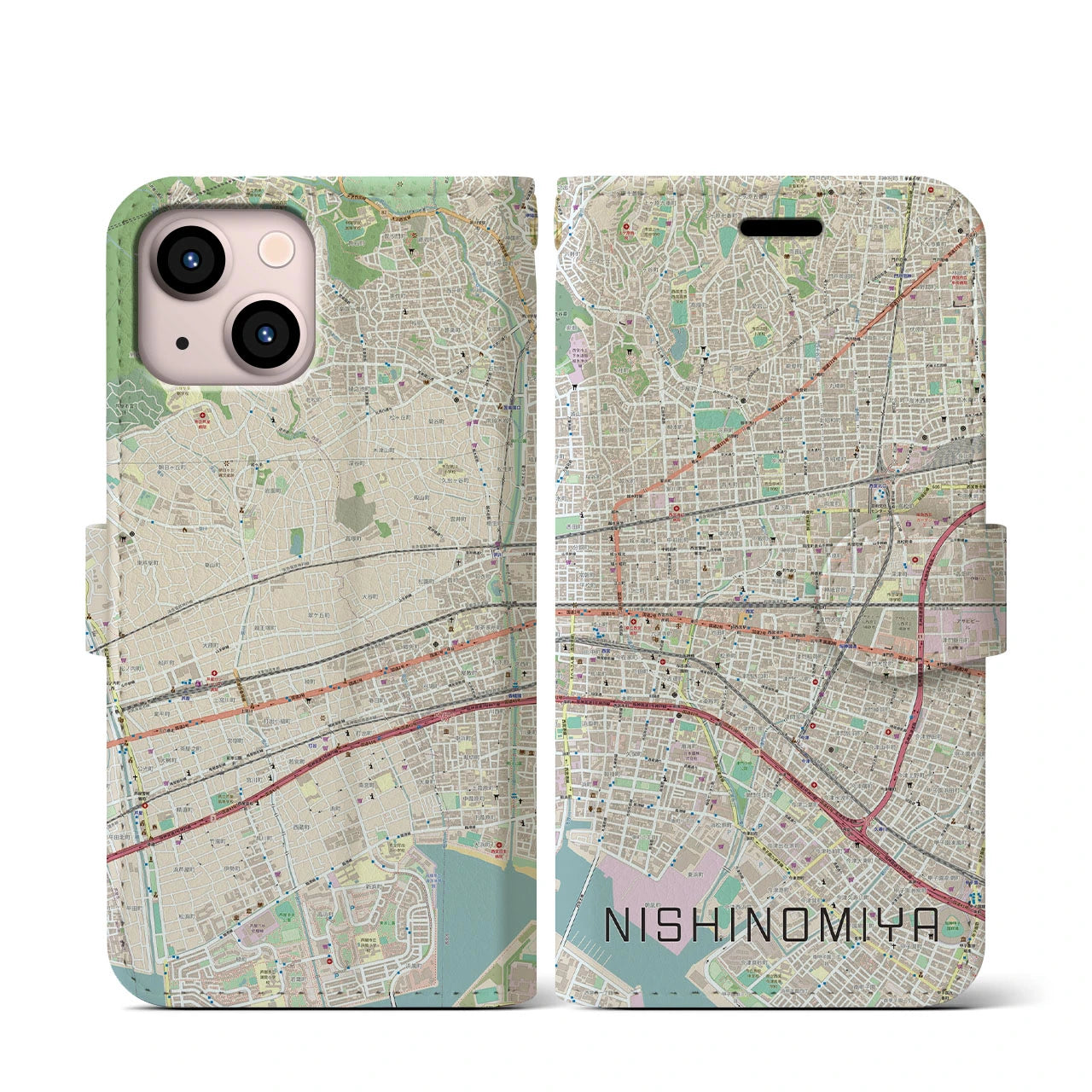 【西宮(兵庫県)】地図柄iPhoneケース(手帳タイプ)ナチュラル・iPhone 13 mini 用