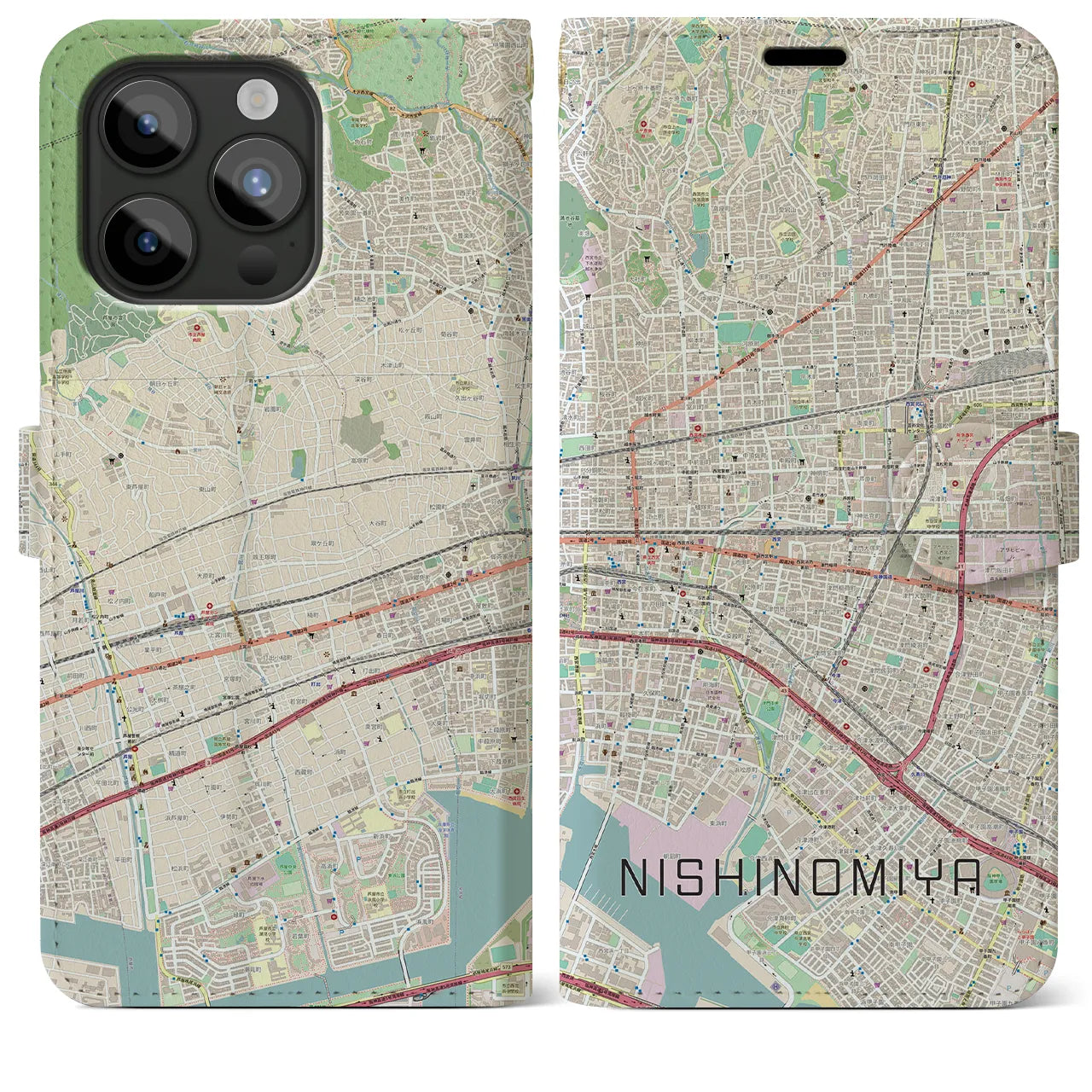 【西宮(兵庫県)】地図柄iPhoneケース(手帳タイプ)ナチュラル・iPhone 15 Pro Max 用
