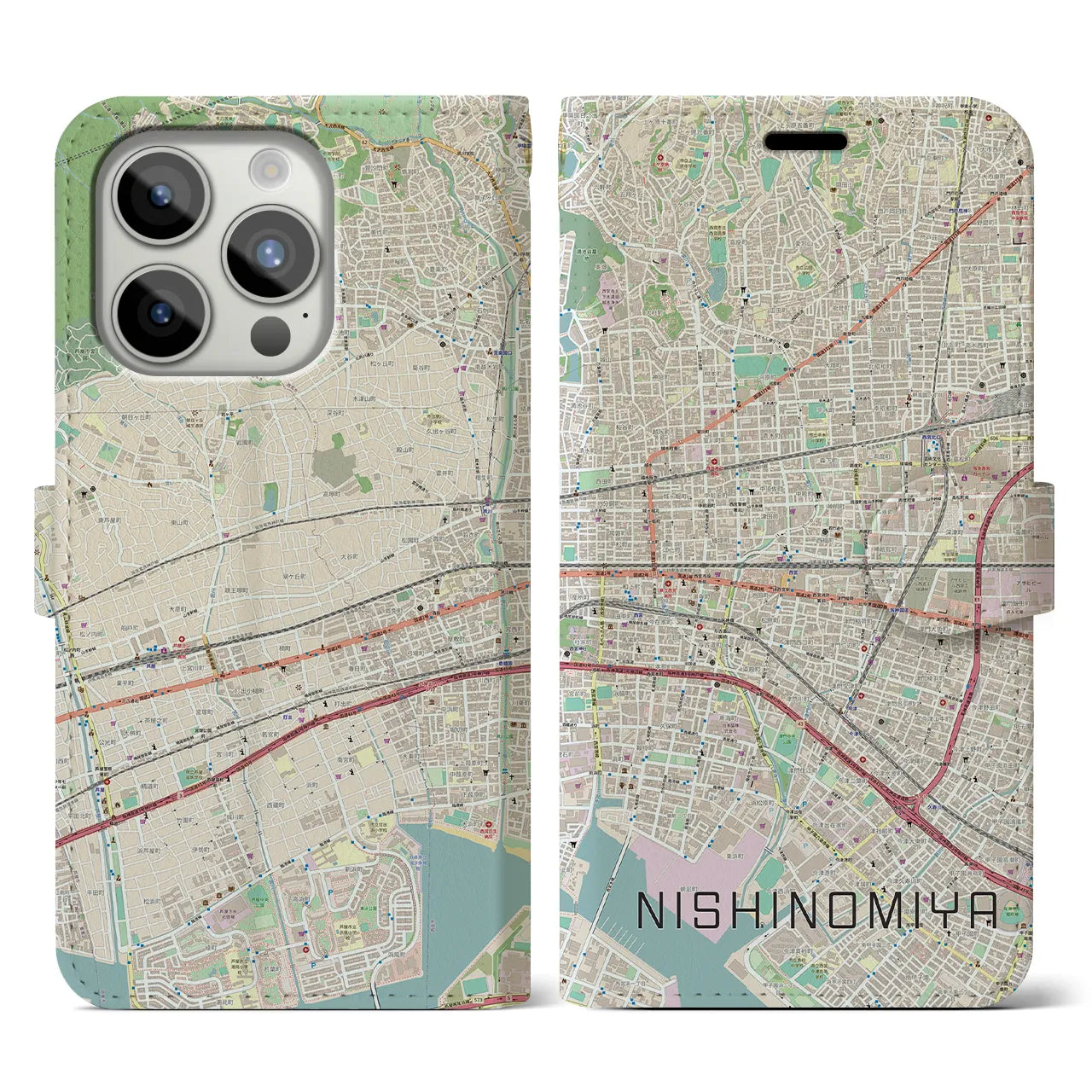 【西宮(兵庫県)】地図柄iPhoneケース(手帳タイプ)ナチュラル・iPhone 15 Pro 用