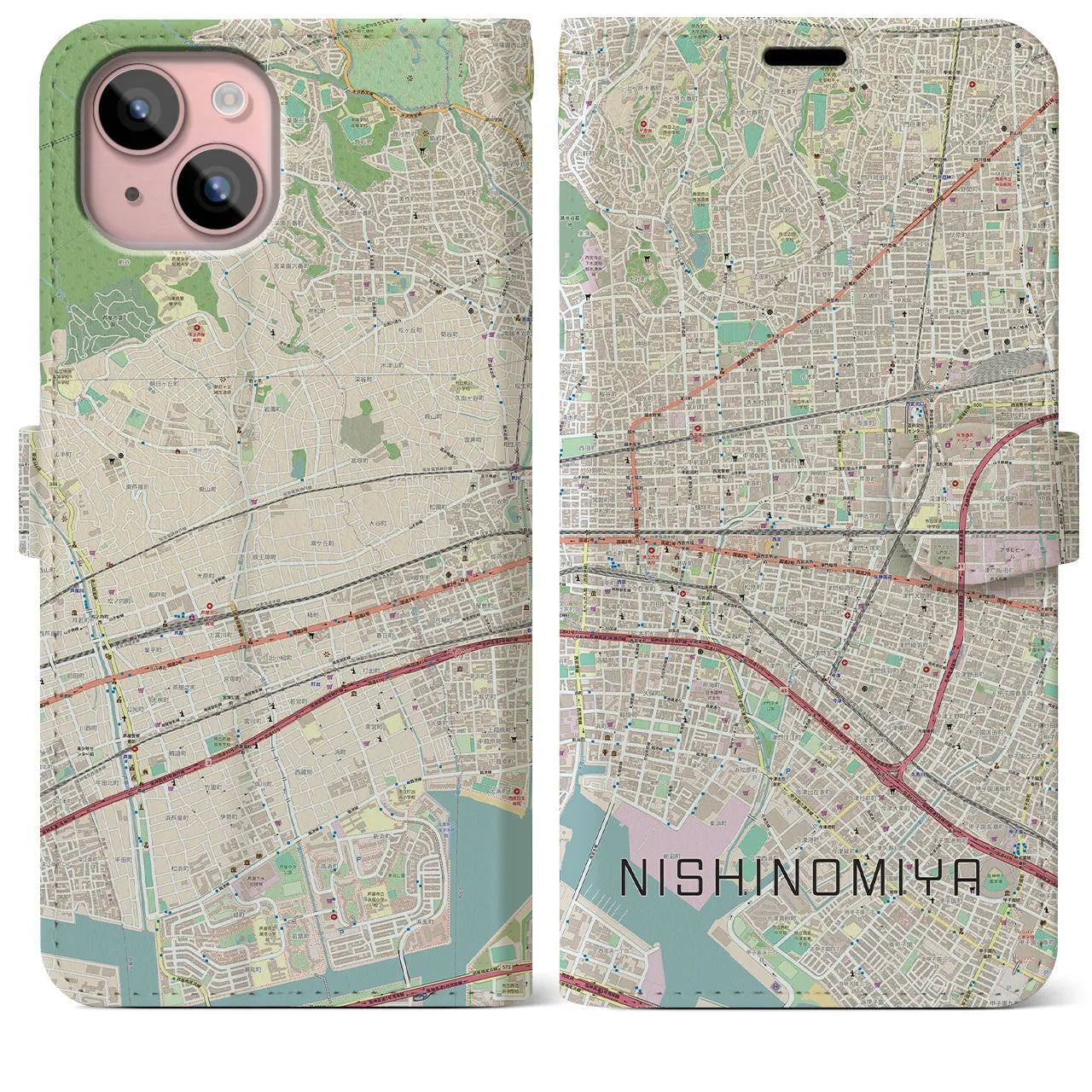 【西宮(兵庫県)】地図柄iPhoneケース(手帳タイプ)ナチュラル・iPhone 15 Plus 用