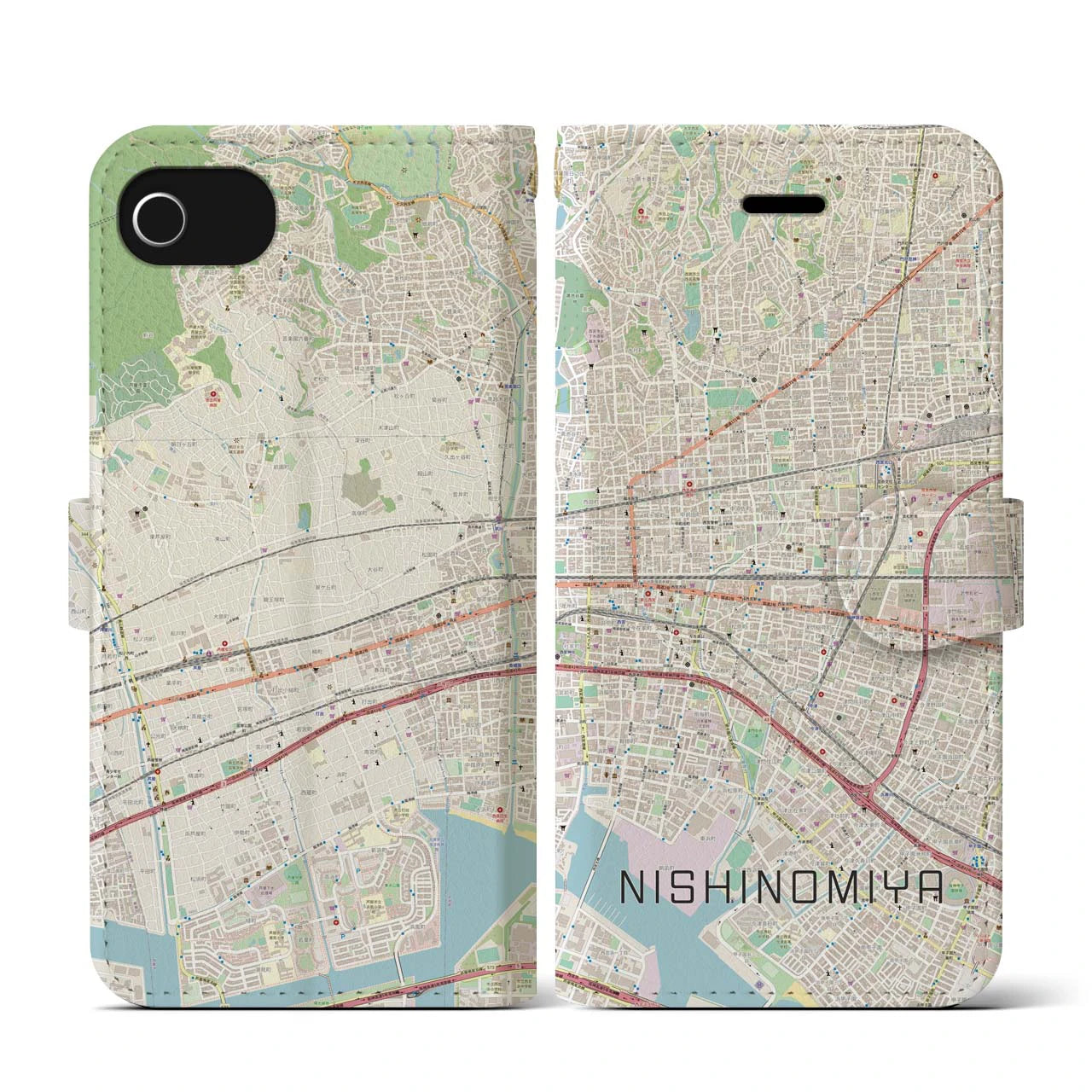 【西宮(兵庫県)】地図柄iPhoneケース(手帳タイプ)ナチュラル・iPhone SE(第3 / 第2世代) / 8 / 7 / 6s / 6 用