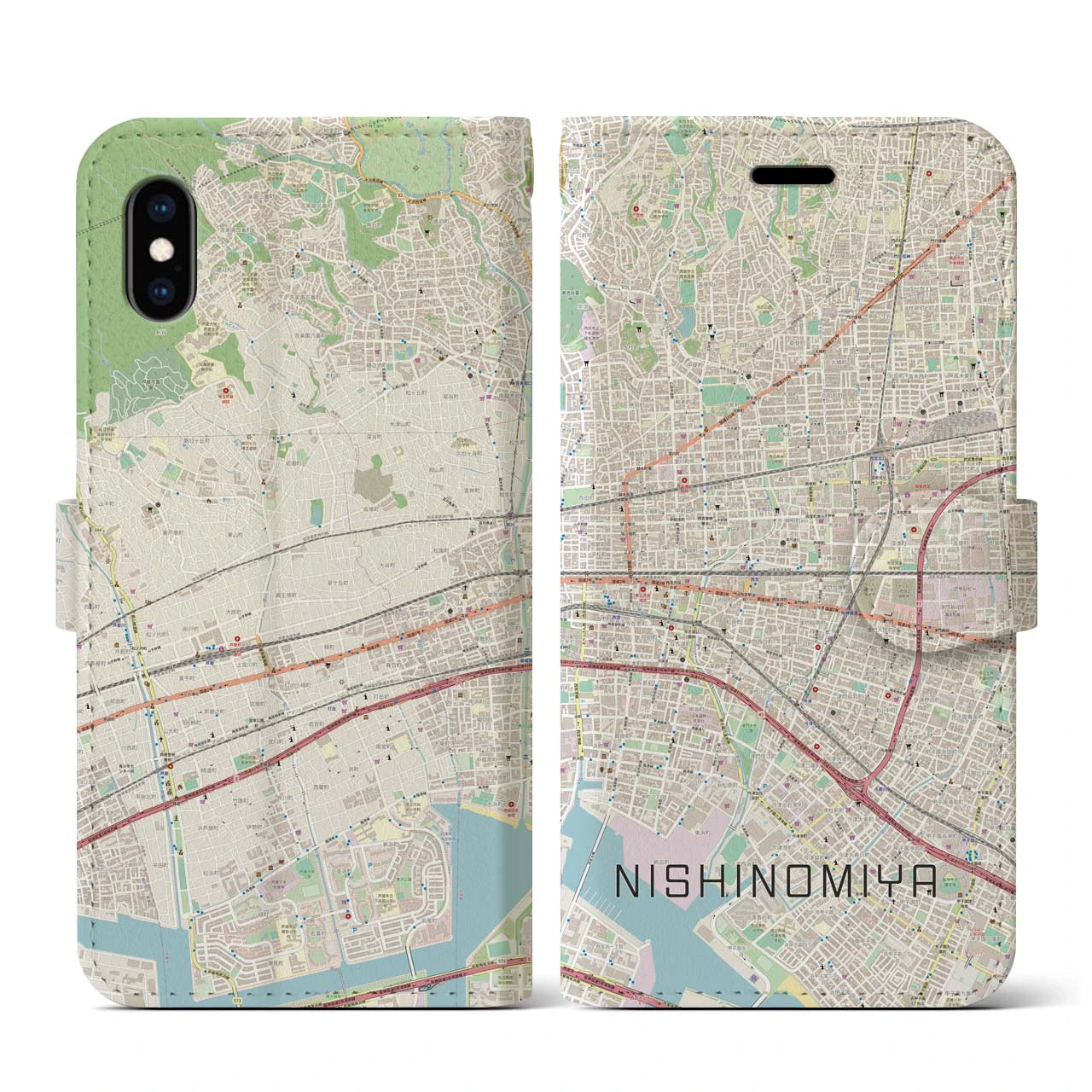 【西宮(兵庫県)】地図柄iPhoneケース(手帳タイプ)ナチュラル・iPhone XS / X 用