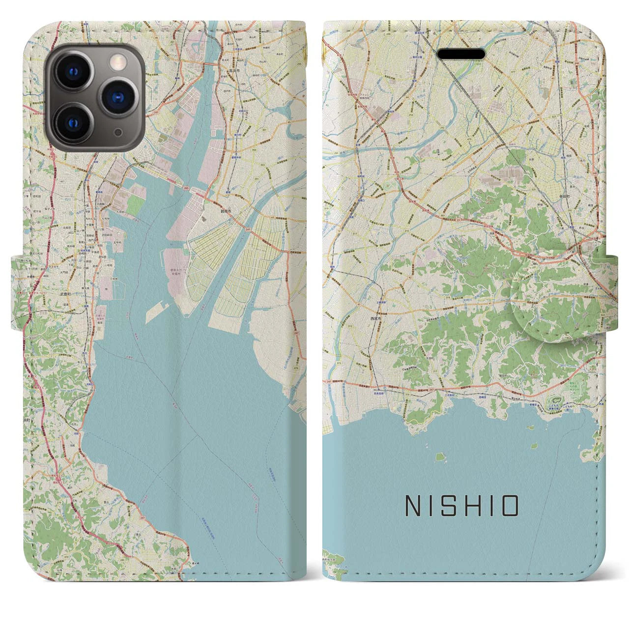 【西尾2(愛知県)】地図柄iPhoneケース(手帳タイプ)ナチュラル・iPhone 11 Pro Max 用