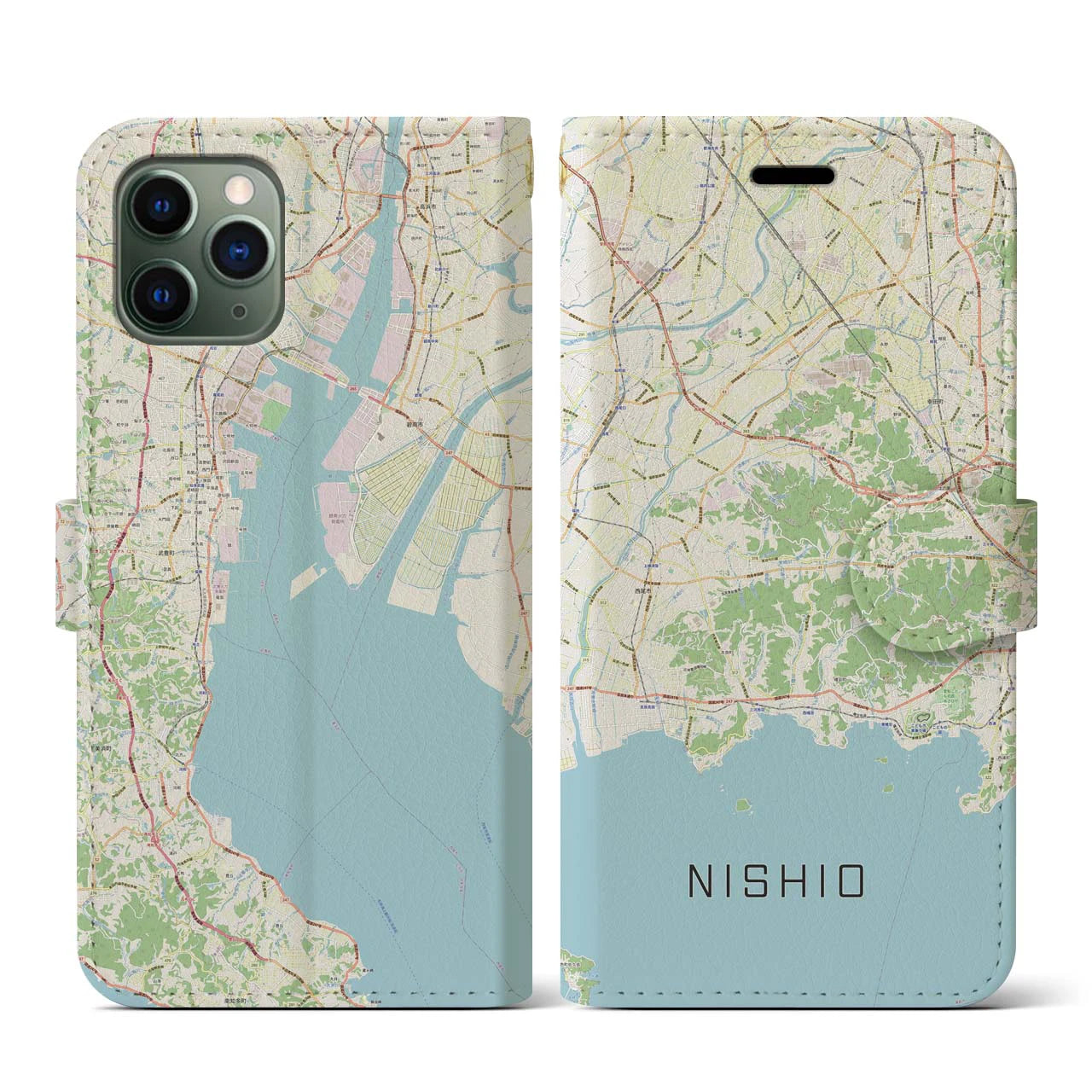 【西尾2(愛知県)】地図柄iPhoneケース(手帳タイプ)ナチュラル・iPhone 11 Pro 用