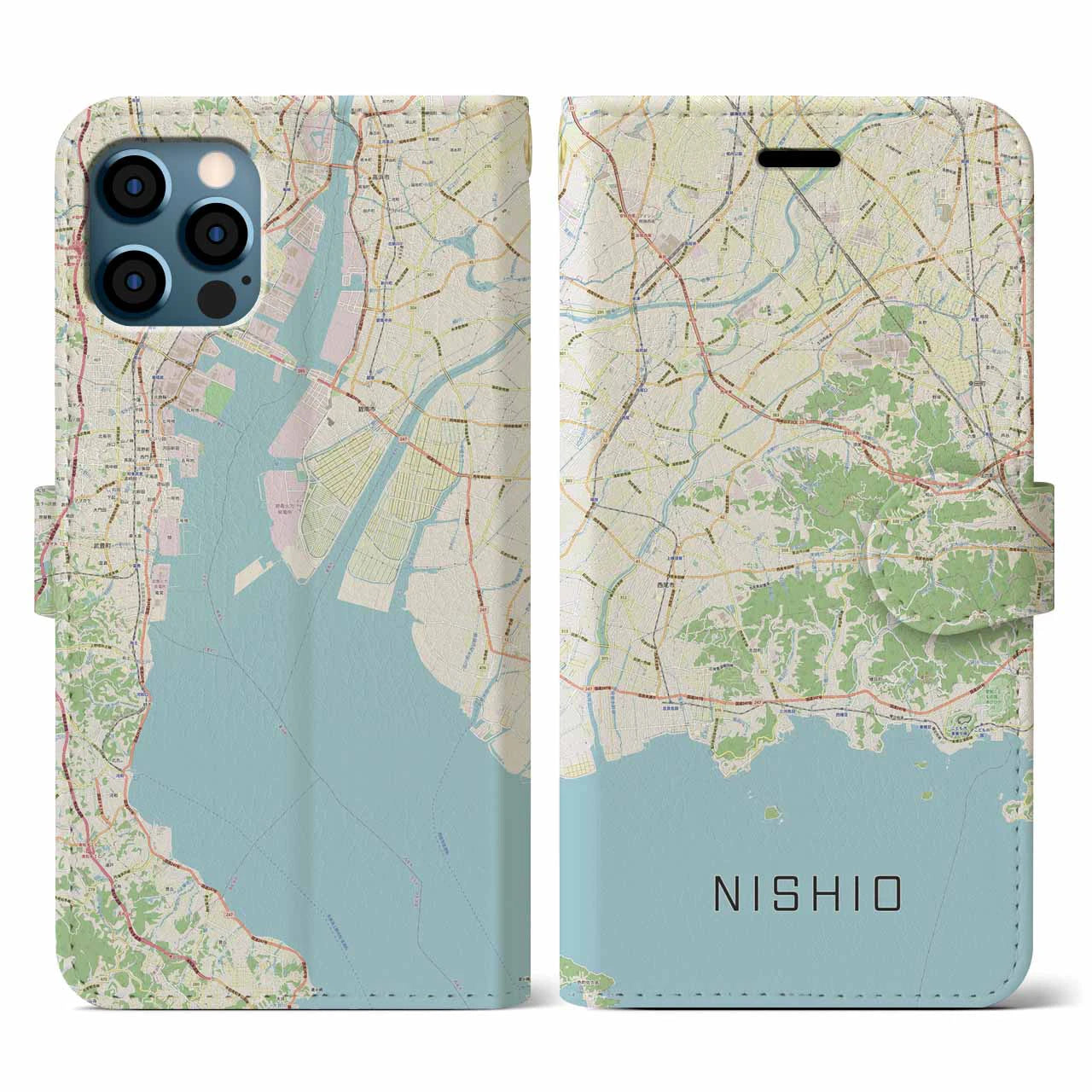 【西尾2(愛知県)】地図柄iPhoneケース(手帳タイプ)ナチュラル・iPhone 12 / 12 Pro 用